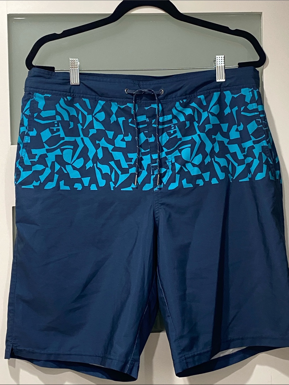 Fair Harbor Navy Board Shorts with Teal Geometric Waist